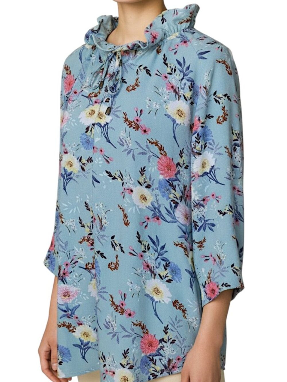 Simply Noelle Blue Floral Spring Long Sleeve Ruffle Blouse Women's Size S/M